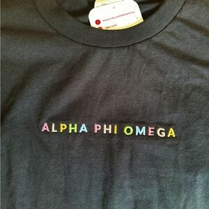 NWT embroidered black t shirt "Alpha Phi Omega", college shirt, Hanes size M